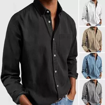 Весенне-осенняя мужская рубашка с нагрудным карманом, отложным воротником, застегивающимся на пуговицы топом, длинным рукавом, однотонный свободный кардиган, повседневная рубашка XXL серый