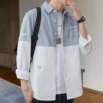 Весенне-осенняя мужская рубашка с отложным воротником и цветными блоками, уличная одежда на пуговицах, кардиган, свободная рубашка с принтом для молодежи, рубашка в стиле карго, пальто M чёрный