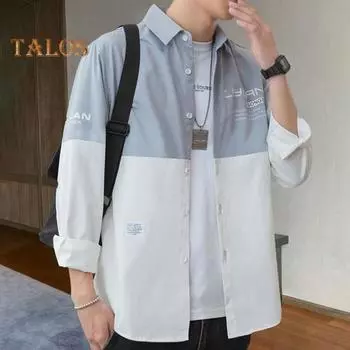 Весенне-осенняя мужская рубашка с отложным воротником и принтом, кардиган на пуговицах с цветными блоками, свободная уличная одежда, рубашка в стиле карго, пальто M синий/белый