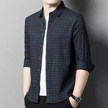Весенне-осенняя мужская рубашка в клетку для среднего возраста, деловая, повседневная, с лацканами M