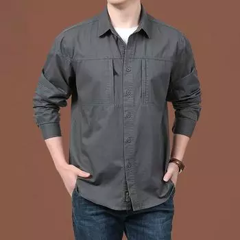 Весенне-осенняя мужская свободная рабочая рубашка, повседневная, удобная, с длинным рукавом, хлопковая рубашка для людей среднего возраста, мужская рубашка M армия зеленый