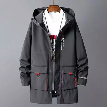 Весенне-осенняя мужская свободная ветровка средней длины с капюшоном большого размера 8XL чёрный