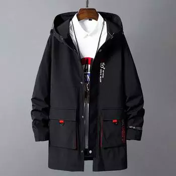 Весенне-осенняя мужская свободная ветровка средней длины с капюшоном 7XL чёрный