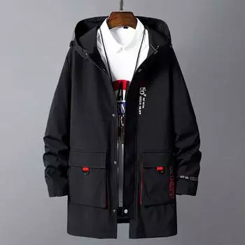 Весенне-осенняя мужская свободная ветровка средней длины с капюшоном большого размера S серый