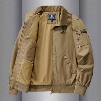 Весенне-осенняя мужская термокуртка для среднего возраста и молодежи из чистого хлопка, повседневная свободная летная куртка на молнии M хаки
