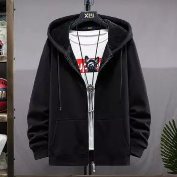 Весенне-осенняя мужская толстовка-кардиган большого размера из плотного бархата с капюшоном 6XL чёрный