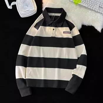 Весенне-осенняя мужская толстовка в гонконгском стиле, модные контрастные полосатые рубашки поло с длинными рукавами, свободные студенческие топы для пар M