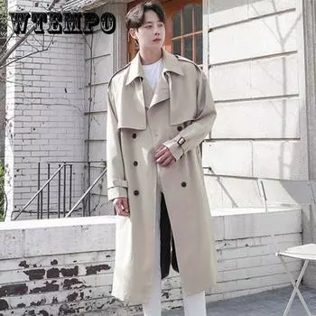 Весенне-осенняя мужская ветровка, повседневное свободное пальто, однотонная куртка на пуговицах, трендовая парка, длинная XXL бежевый