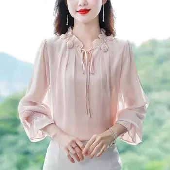 Весенне-осенняя новая элегантная шифоновая рубашка с воротником-лепестком, бандажный топ, женская мода, универсальные блузки с длинными рукавами, офисная одежда Y2k XXXXL