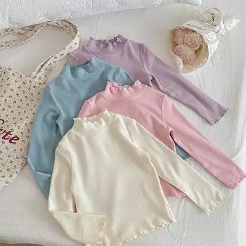 Весенне-осенняя новая детская одежда, простая однотонная футболка с воротником в виде листьев лотоса 90cm чёрный