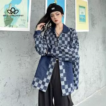 Весенне-осенняя новая джинсовая куртка в клетку с вышивкой High Street в стиле хип-хоп, свободная куртка для парней, модная мода S синий