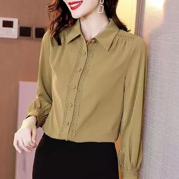 Весенне-осенняя новая французская рубашка-поло с длинным рукавом, кружевная шифоновая блузка, топ для женщин S дубильная кора