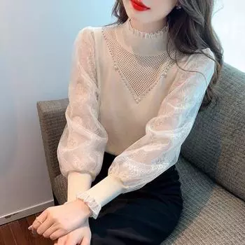 Весенне-осенняя новая французская рубашка с кружевным низом и высоким воротом, женская трикотажная рубашка с длинными рукавами, пуловеры, топ M абрикосовый