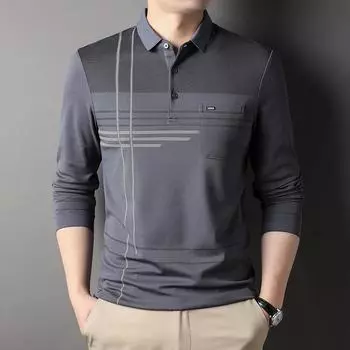 Весенне-осенняя новая футболка с длинными рукавами, мужская хлопковая рубашка поло с лацканами, деловая мужская верхняя одежда среднего возраста M