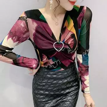 Весенне-осенняя новая футболка с v-образным вырезом и принтом, женская модная сетчатая рубашка с длинным рукавом, нижняя рубашка S-3XL S зелёный