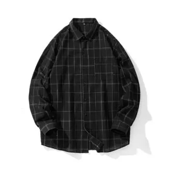Весенне-осенняя новая клетчатая рубашка, мужская рабочая модная рубашка с длинными рукавами, повседневная куртка M чёрный