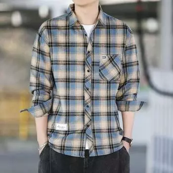 Весенне-осенняя новая клетчатая рубашка, мужская рубашка с лацканами, корейская версия, свободная универсальная повседневная рубашка с длинными рукавами, универсальная M синий