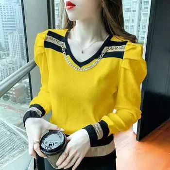 Весенне-осенняя новая мода контрастного цвета, с пышными рукавами, трикотажная одежда, женская трикотажная футболка с v-образным вырезом, топ с длинными рукавами M белый