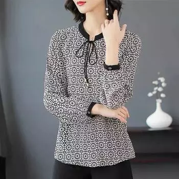 Весенне-осенняя новая модная блузка с круглым вырезом с принтом, женская уличная повседневная свободная шнуровка с длинными рукавами, молодежные универсальные пуловеры L чёрный
