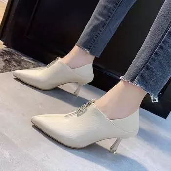 Весенне-осенняя новая модная и удобная однотонная женская обувь с острым носком и молнией спереди, пикантные элегантные туфли на шпильке 35
