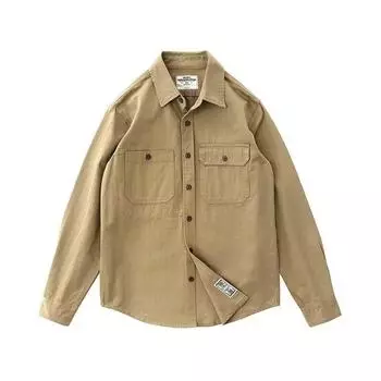 Весенне-осенняя новая модная рубашка-карго в американском стиле ретро, однотонная куртка с длинными рукавами и множеством карманов, свободный повседневный спортивный топ L хаки
