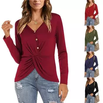 Весенне-осенняя новая модная женская свободная футболка с длинным рукавом и v-образным вырезом, повседневный топ с длинными рукавами больших размеров XXL чёрный