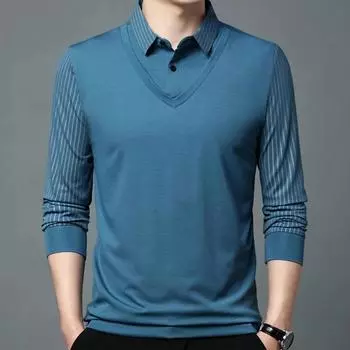 Весенне-осенняя новая мужская футболка из двух предметов, повседневная рубашка-поло для папы среднего возраста, полосатый низ с тонкими лацканами M