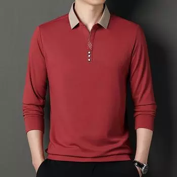 Весенне-осенняя новая мужская футболка с длинным рукавом с лацканами, молодежная повседневная модная мужская футболка вафельного кроя, модный топ M