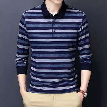 Весенне-осенняя новая мужская футболка с длинными рукавами, рубашка поло в полоску с лацканами среднего возраста, мужская базовая рубашка, футболка Top Tide M