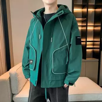 Весенне-осенняя новая мужская и женская водонепроницаемая простая однотонная куртка с капюшоном, свободная водонепроницаемая куртка-карго для пары S чёрный