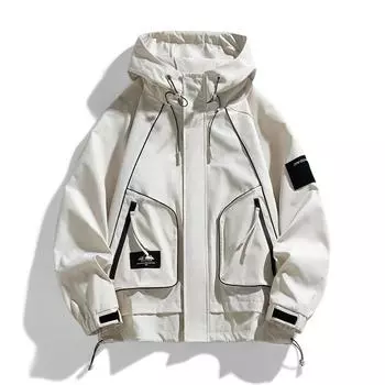 Весенне-осенняя новая мужская и женская водонепроницаемая простая однотонная куртка с капюшоном, свободная водонепроницаемая куртка-карго для пары S чёрный