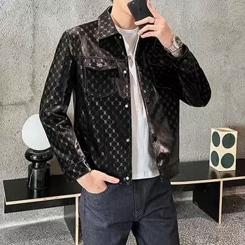 Весенне-осенняя новая мужская модная универсальная кожаная куртка с принтом B-line с воротником-поло мотоциклетное трендовое пальто из искусственной кожи L