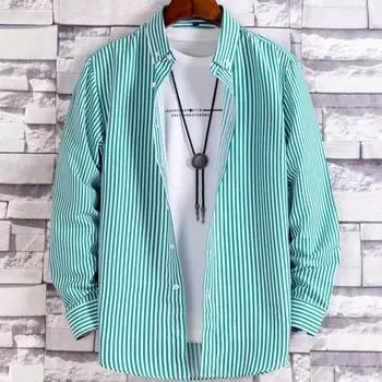 Весенне-осенняя новая мужская полосатая рубашка с длинным рукавом, деловая рубашка с длинным рукавом, облегающая, модная рубашка с острым воротником M зелёный