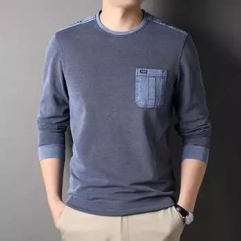 Весенне-осенняя новая мужская тонкая футболка с длинными рукавами и круглым вырезом, мужская однотонная рубашка среднего возраста с настоящим карманом M