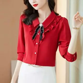 Весенне-осенняя новая однотонная рубашка с длинными рукавами, женственная блузка с квадратным вырезом и бантом, универсальный модный топ M-4XL L розовый