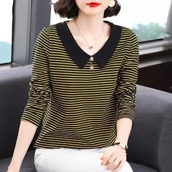 Весенне-осенняя новая полосатая футболка, женская рубашка с длинным рукавом в Корейском стиле, свободная рубашка с кукольным воротником, топ для мамы, M-5XL 4XL чёрный