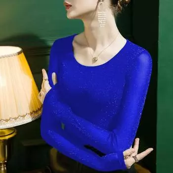 Весенне-осенняя новая яркая шелковая спортивная рубашка с круглым вырезом, женская сетчатая облегающая футболка с длинными рукавами, модный однотонный топ S чёрный