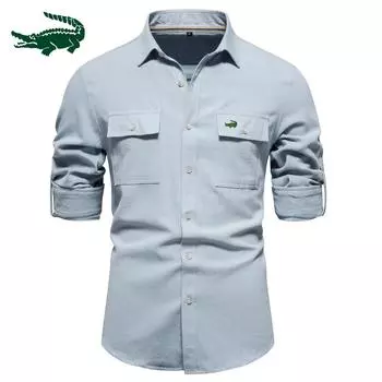 Весенне-осенняя новая рубашка из чистого хлопка, мужская модная деловая однотонная рубашка европейского размера для отдыха, мужская рубашка с длинным рукавом S небесно-голубой