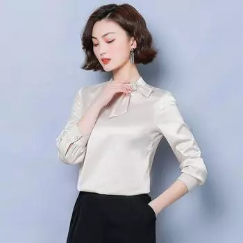 Весенне-осенняя новая рубашка из искусственного шелка с бантом, женская блузка с длинными рукавами, облегающая модная универсальная атласная блузка XL зелёный