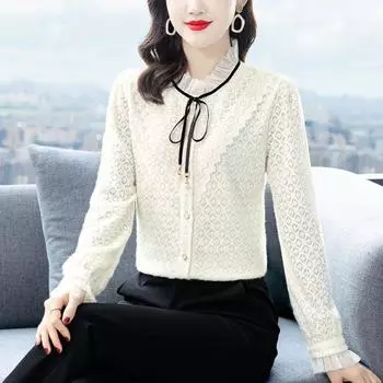 Весенне-осенняя новая рубашка с матовым кружевом, женская рубашка с воротником-стойкой и бантом, топ с длинными рукавами, однотонная блузка XXXL бежевый