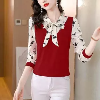 Весенне-осенняя новая шифоновая блузка с бантом и длинными рукавами, нижняя рубашка с цветочным принтом, молодежный тонкий темпераментный топ из двух предметов, M-4XL L зелёный