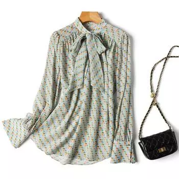 Весенне-осенняя новая шифоновая рубашка с принтом, женская блузка с длинным рукавом, шарф с воротником и лентой, пригородный топ S чистый