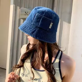 Весенне-осенняя новая шляпа, женская модная универсальная ковбойская шляпа с карманами, летняя солнцезащитная шляпа с козырьком, шляпа для шоу-умывальника M (56-58cm) - pocket side label denim basin hat