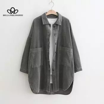Весенне-осенняя новая вельветовая рубашка в корейском стиле с лацканами и большим карманом, женская свободная и тонкая флисовая куртка средней длины в тонкую полоску One Size серый
