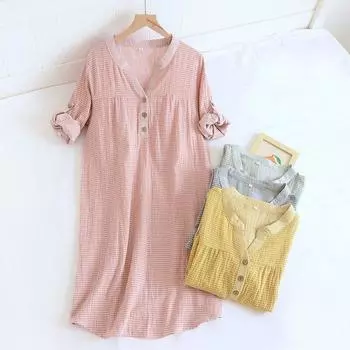 Весенне-осенняя новая женская длинная юбка из 100% хлопчатобумажной марли, клетчатая ночная рубашка, домашняя юбка с длинными рукавами, простая юбка с v-образным вырезом, ночная рубашка M розовый