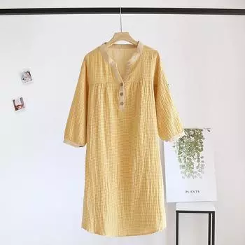 Весенне-осенняя новая женская длинная юбка из 100% хлопчатобумажной марли, клетчатая ночная рубашка, домашняя юбка с длинными рукавами, простая юбка с v-образным вырезом, ночная рубашка M розовый