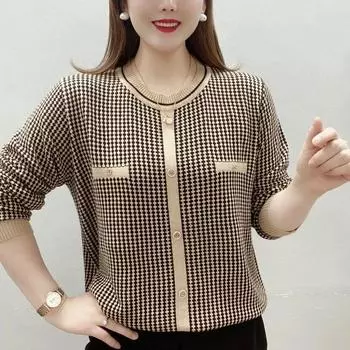 Весенне-осенняя новая женская модная нижняя рубашка в клетку «Тысяча птиц» с круглым вырезом, тонкий топ с длинными рукавами, L-5XL 5XL чёрный