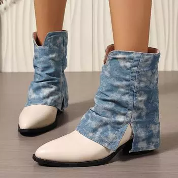 Весенне-осенняя обувь для женщин, джинсовая строчка, микрофибра, женские сапоги, толстый каблук, круглый носок, длинные сапоги в ковбойском стиле для женщин 36 бежевый