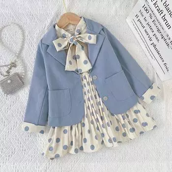 Весенне-осенняя одежда для маленьких девочек, повседневный блейзер для девочек, однотонное платье в горошек, костюм из 2 предметов, детская одежда 110 синий
