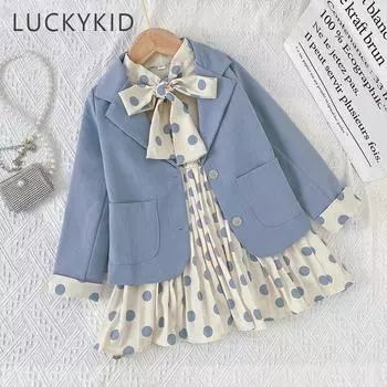 Весенне-осенняя одежда для маленьких девочек, повседневный блейзер для девочек, однотонное платье в горошек, костюм из 2 предметов, детская одежда 110 синий